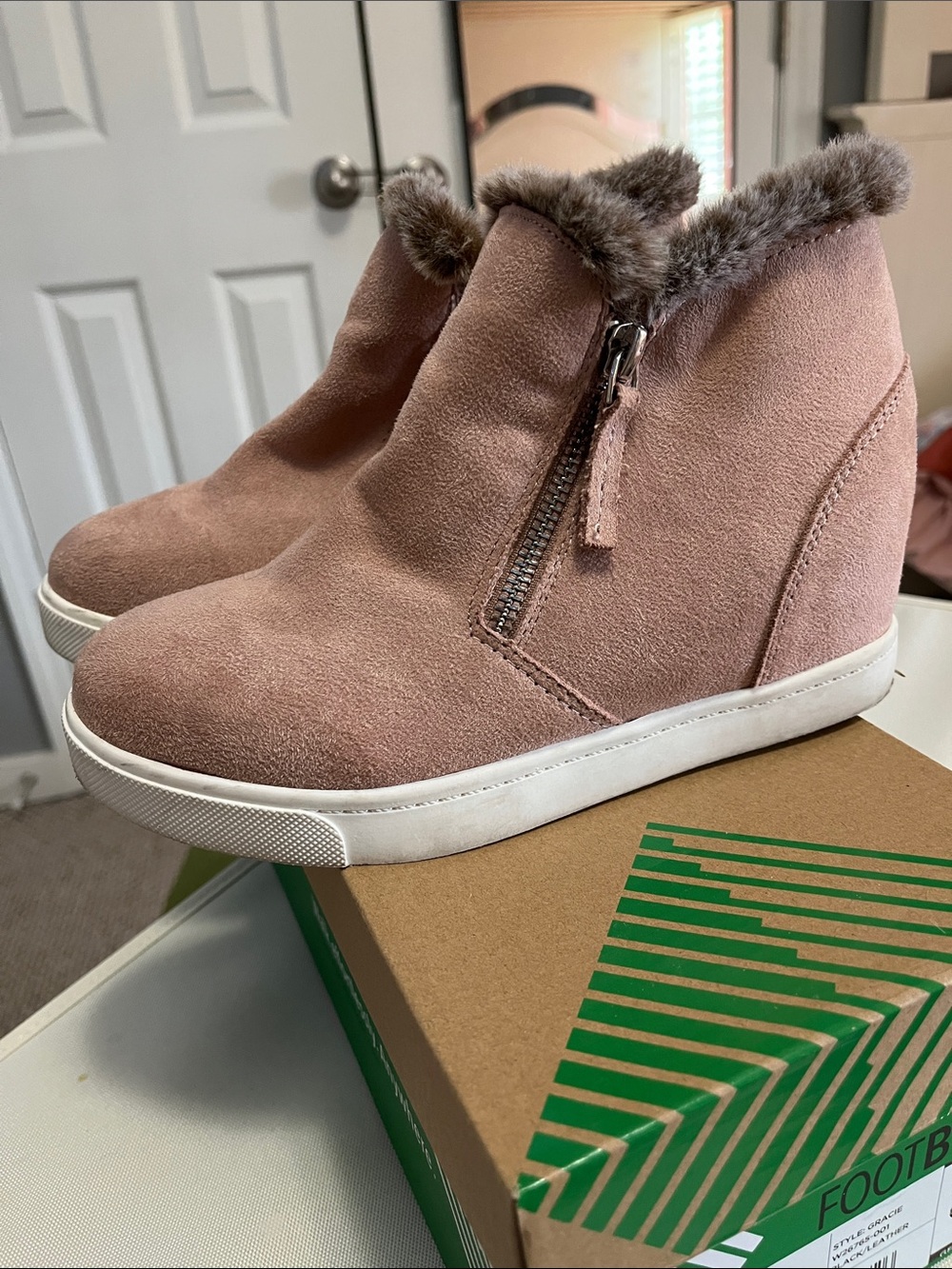 Soda Blush Pink Faux Suede Wedge Sneaker Boot with Fur Trim